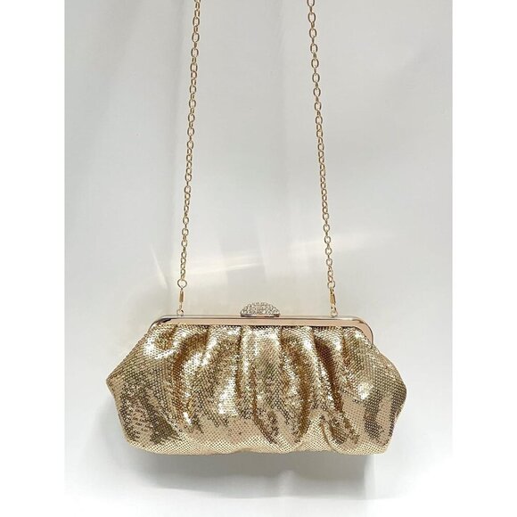 🆕Women Gold Silk Fish Scale Sequins Pleated Clutch Bag Crossbody with Rhine - Picture 4 of 6